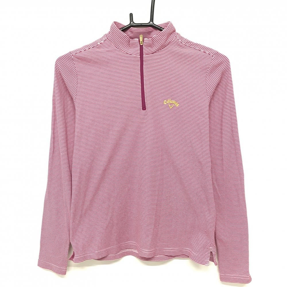 【美品】キャロウェイ 長袖ハイネックシャツ ピンク×白 ボーダー ハーフジップ レディース M ゴルフウェア Callaway