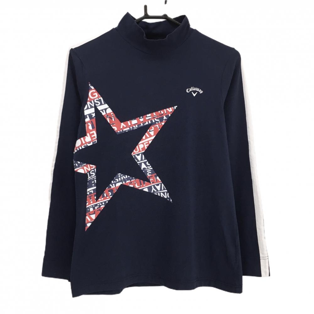 キャロウェイ 長袖ハイネックシャツ ネイビー×白 袖ライン 星 レディース LL ゴルフウェア Callaway