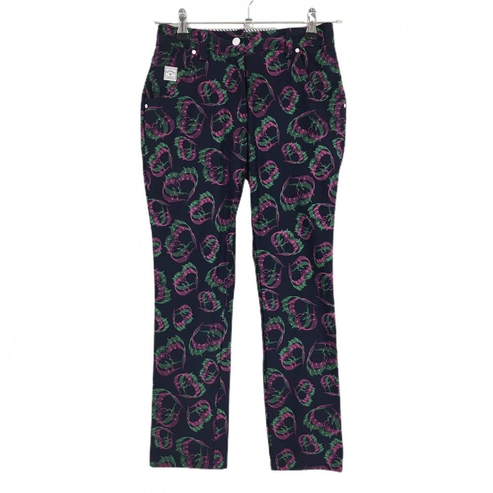 【美品】キャロウェイ パンツ ネイビー×ピンク 音符 ハート柄 ストレッチ レディース SS ゴルフウェア Callaway