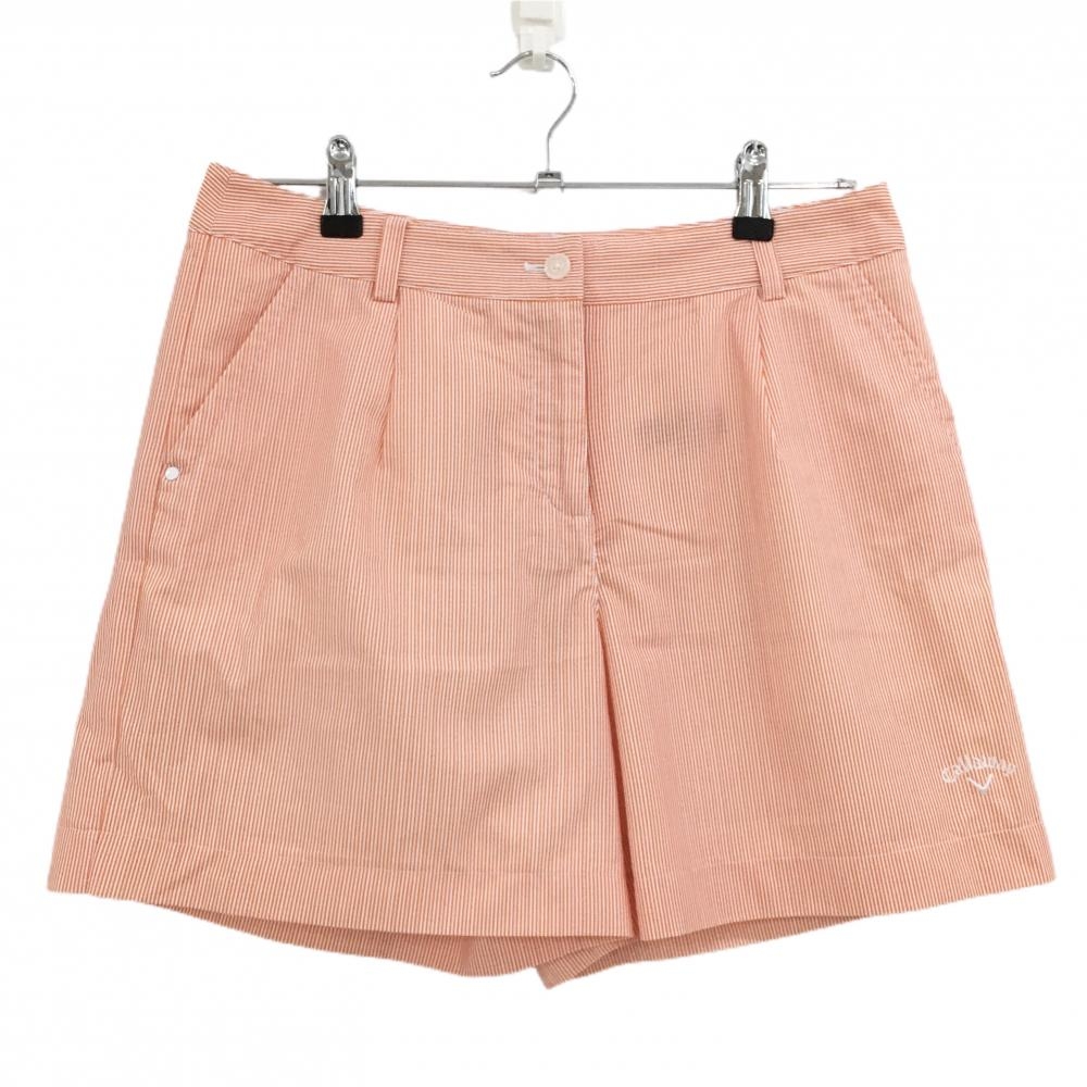 【超美品】キャロウェイ ショートパンツ オレンジ×白 ストライプ ロゴ刺しゅう 裏地付き  レディース L ゴルフウェア Callaway