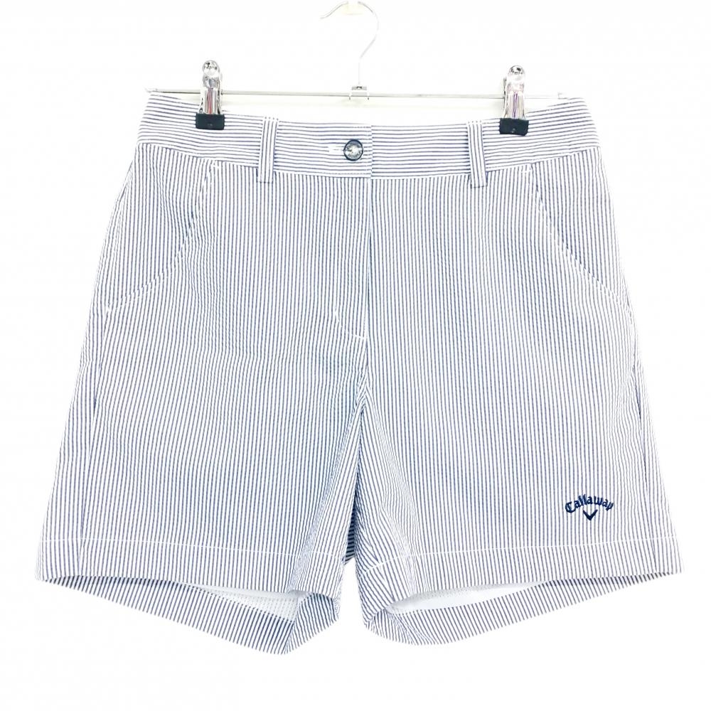 【超美品】キャロウェイ ハーフパンツ 白×ネイビー ストライプ サッカー生地 裏地メッシュ レディース M ゴルフウェア Callaway