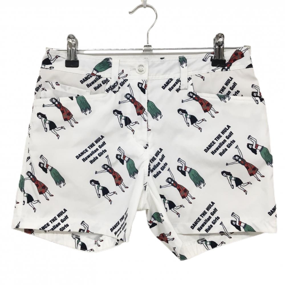 【美品】キャロウェイ ショートパンツ 白×ネイビー 総柄 Hawaiian  レディース SS ゴルフウェア Callaway