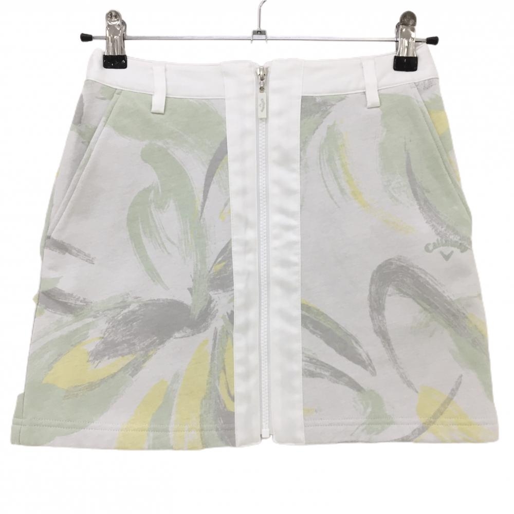 【美品】キャロウェイ スカート 白×ライトグリーン 総柄 フロントジップ 裏起毛 レディース SS ゴルフウェア Callaway