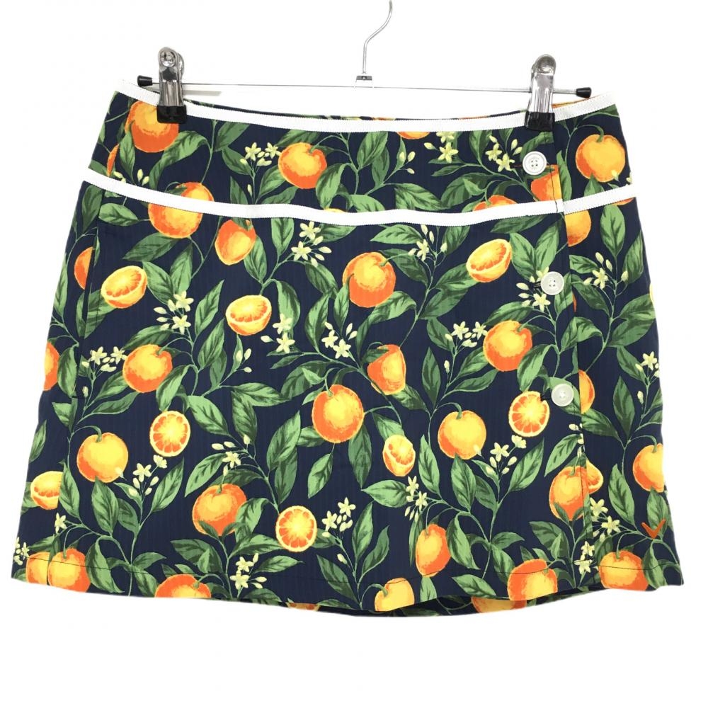 【超美品】キャロウェイ スカート ネイビー×グリーン オレンジ柄 ストライプ織生地 ロゴ刺しゅう  レディース L ゴルフウェア Callaway