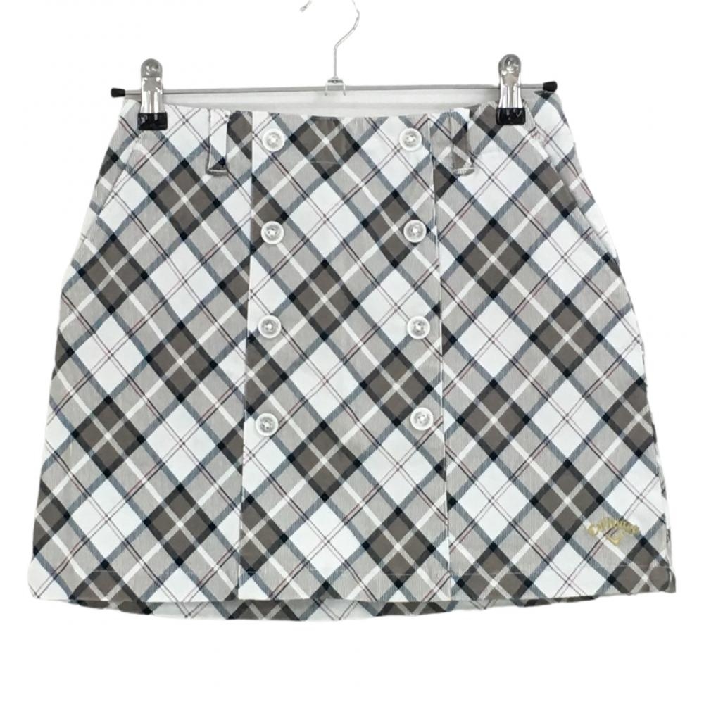 【超美品】キャロウェイ スカート 白×グレー チェック柄 ロゴ刺しゅう レディース S ゴルフウェア Callaway