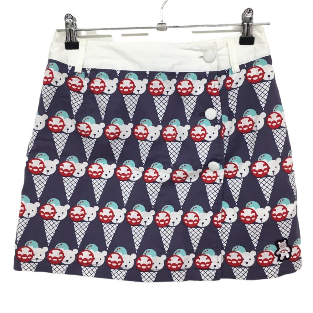 【超美品】キャロウェイ スカート パープルネイビー×白 クマ総柄 ベアワッペン 内側インナーパンツ レディース S ゴルフウェア Callaway