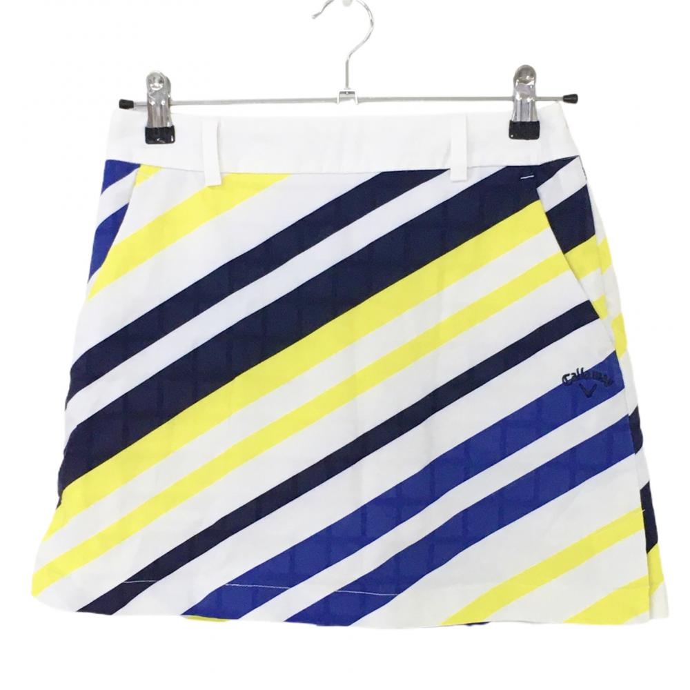 キャロウェイ スカート 白×ネイビー 斜めボーダー 格子織生地 内側インナーパンツ  レディース M ゴルフウェア Callaway