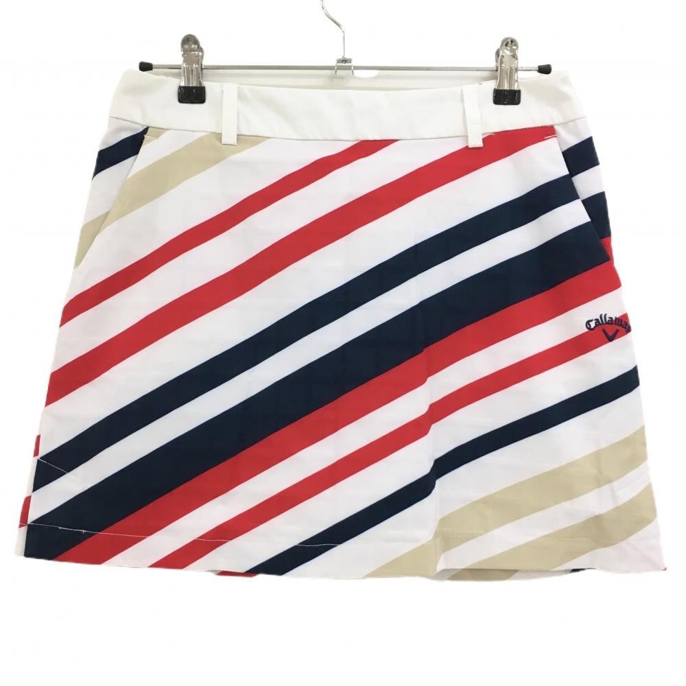 【超美品】キャロウェイ スカート 白×レッド×ネイビー 斜めストライプ 格子織生地  レディース LL ゴルフウェア Callaway