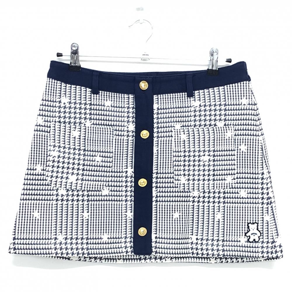 【美品】キャロウェイ スカート 白×ネイビー グレンチェック 裏起毛 ベア レディース L ゴルフウェア Callaway