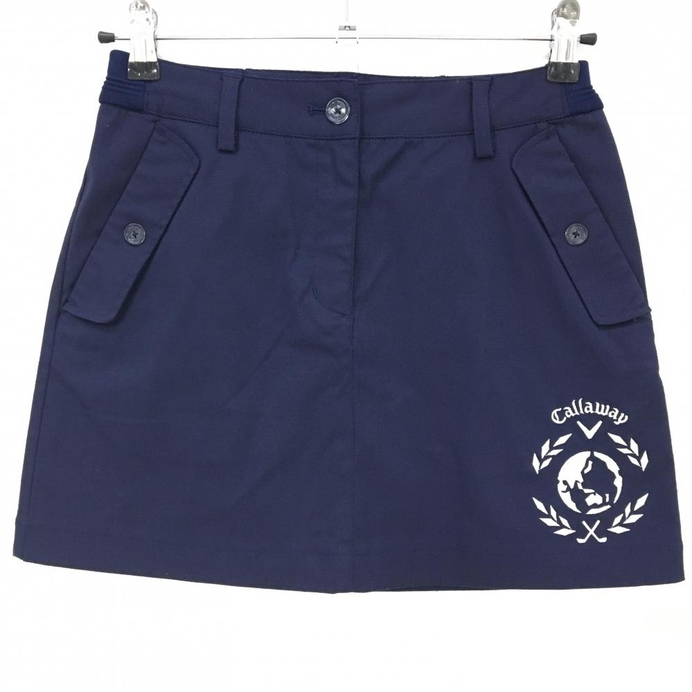 【美品】キャロウェイ スカート ネイビー 地模様 ロゴ白 ストレッチ レディース SS ゴルフウェア Callaway