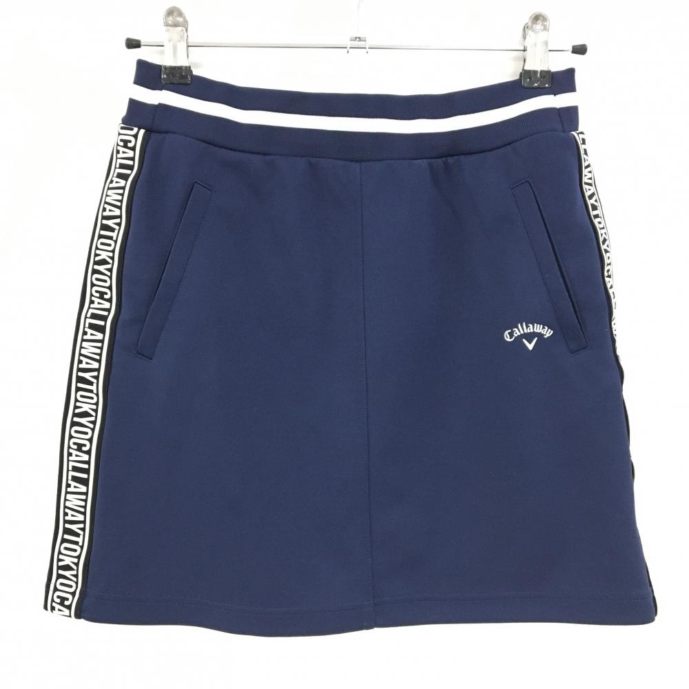 【美品】キャロウェイ スカート ネイビー×白 サイドロゴライン ストレッチ ウエストゴム レディース S ゴルフウェア Callaway