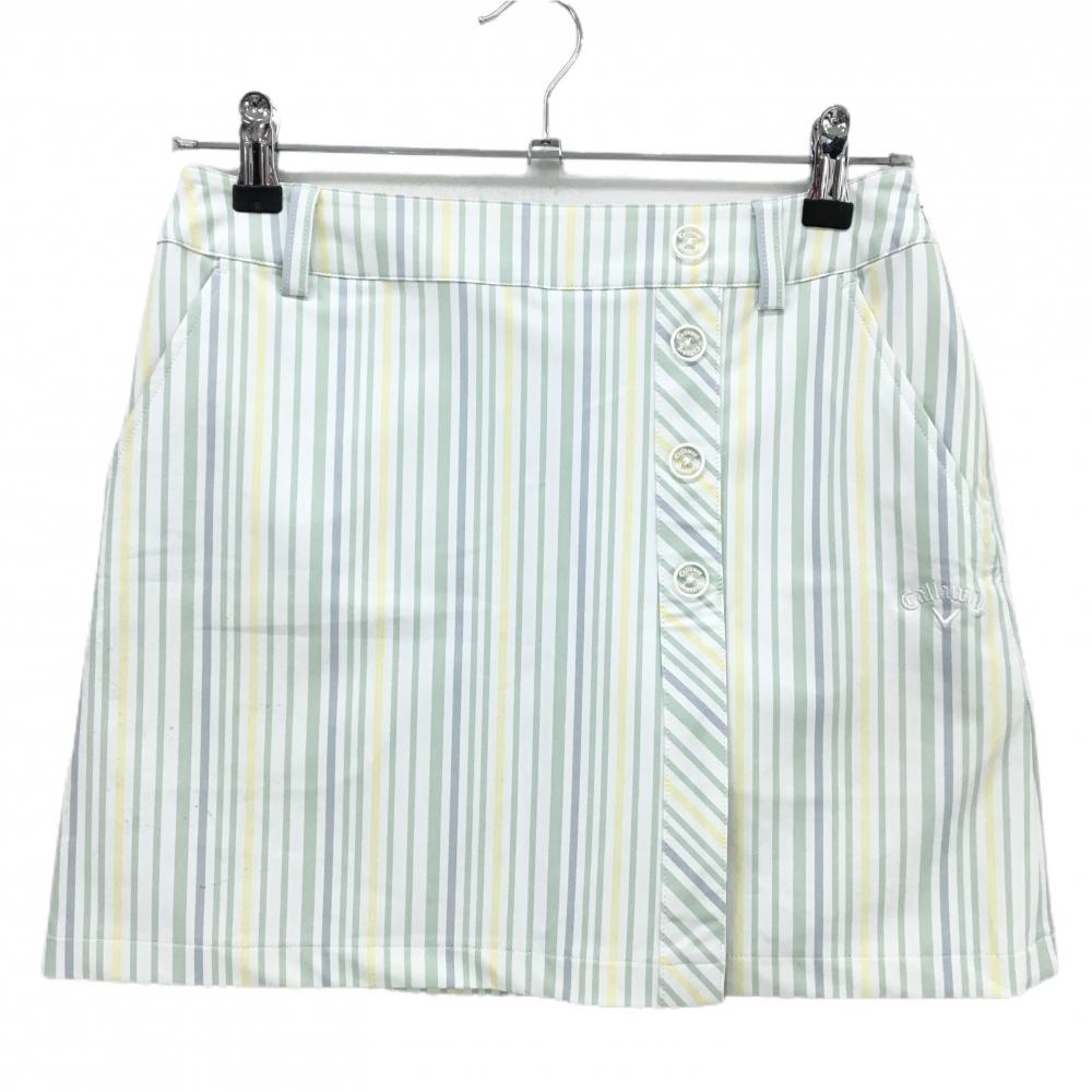 【美品】キャロウェイ スカート 白×ライトグリーン ストライプ 飾りボタン レディース S ゴルフウェア Callaway