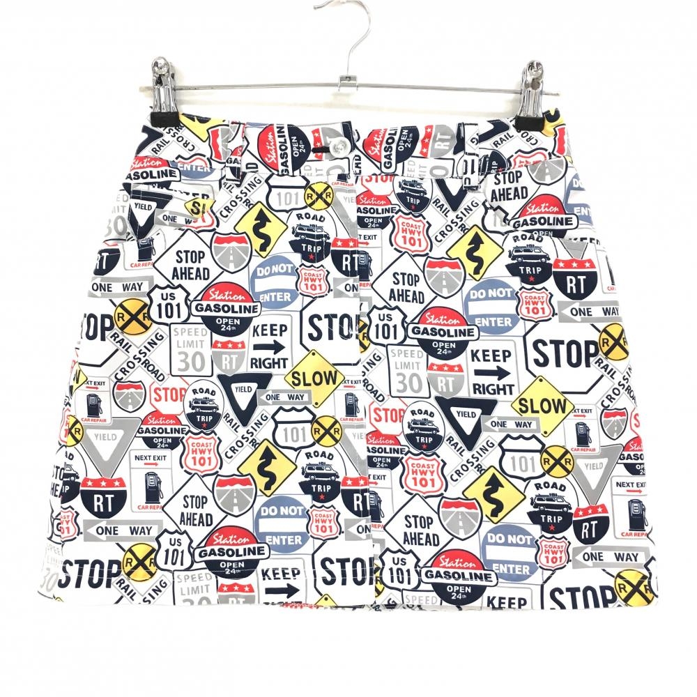 【超美品】キャロウェイ スカート 白×マルチカラー 総柄 道路標識 レディース M ゴルフウェア Callaway