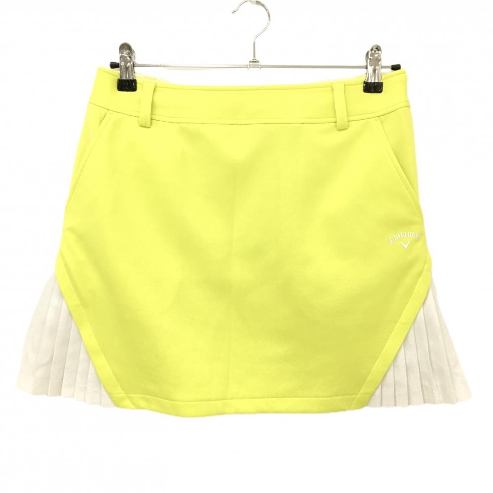 キャロウェイ スカート イエローグリーン×白 一部プリーツ ロゴプリント  レディース L ゴルフウェア Callaway