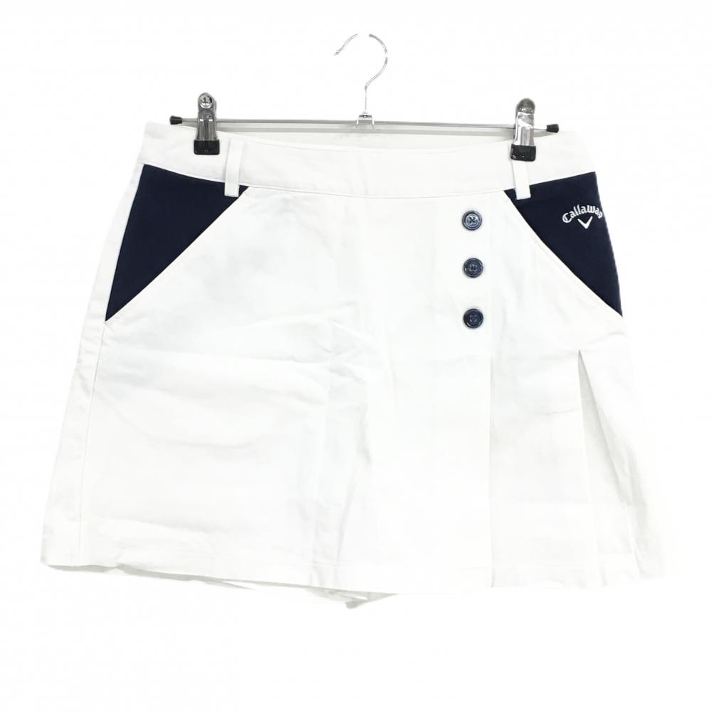 【超美品】キャロウェイ スカート 白×ネイビー ロゴ刺しゅう ボタン 内側パンツ レディース LL ゴルフウェア Callaway