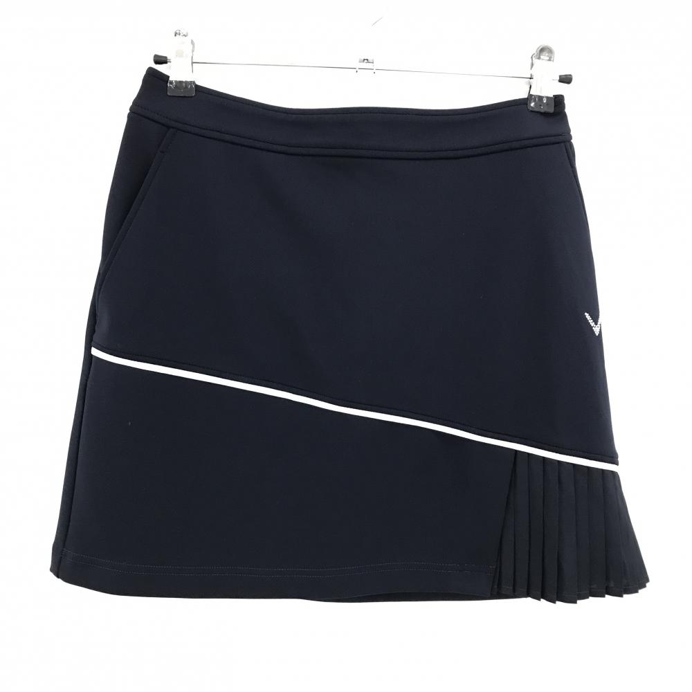 【超美品】キャロウェイ スカート ネイビー×白 ラインストーンロゴ サイド裾プリーツ  レディース L ゴルフウェア Callaway