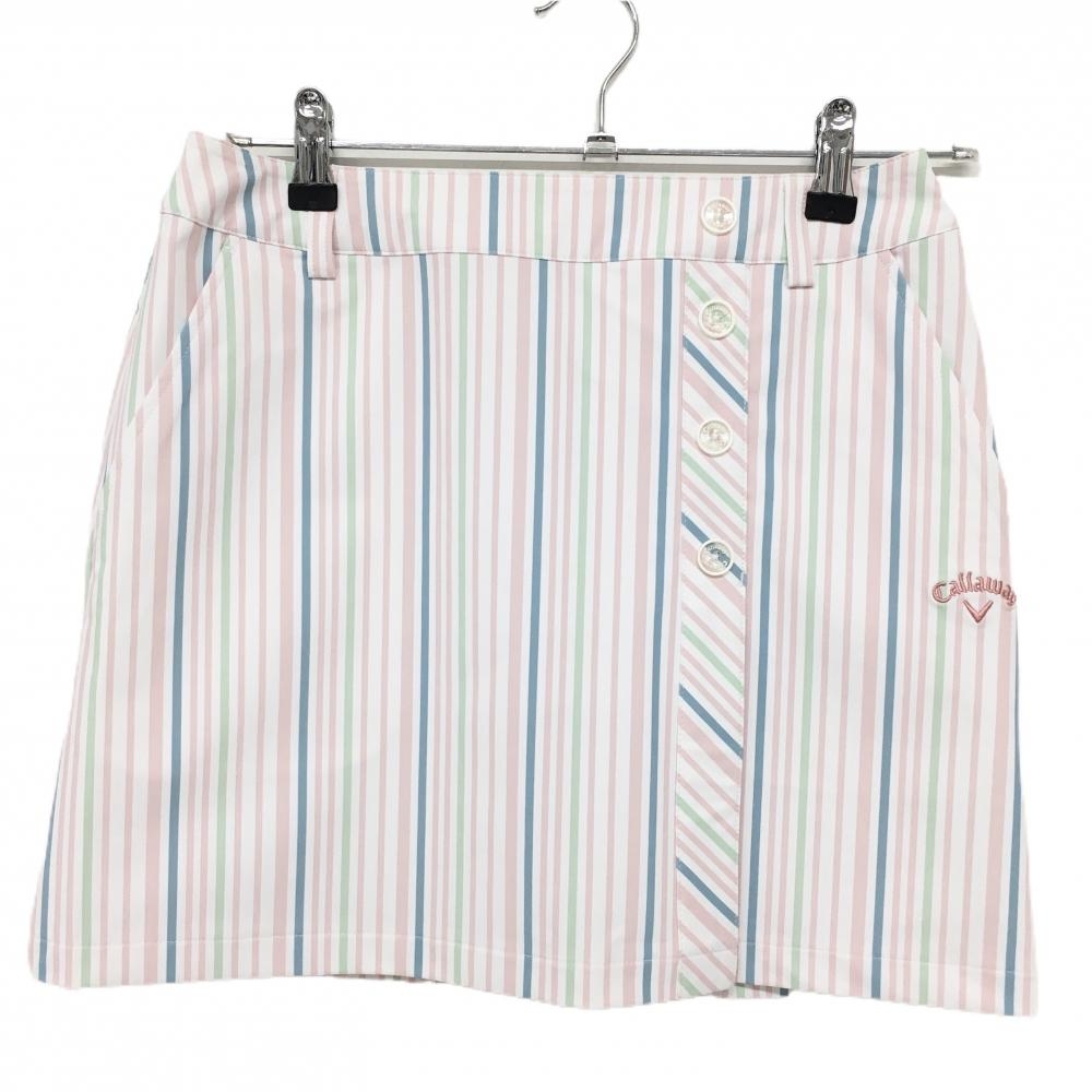 【超美品】キャロウェイ スカート ピンク×白 ストライプ ロゴ刺しゅう レディース M ゴルフウェア Callaway