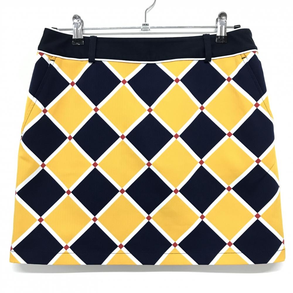 【超美品】キャロウェイ スカート ネイビー×イエロー スクエア総柄 ストレッチ レディース L ゴルフウェア Callaway