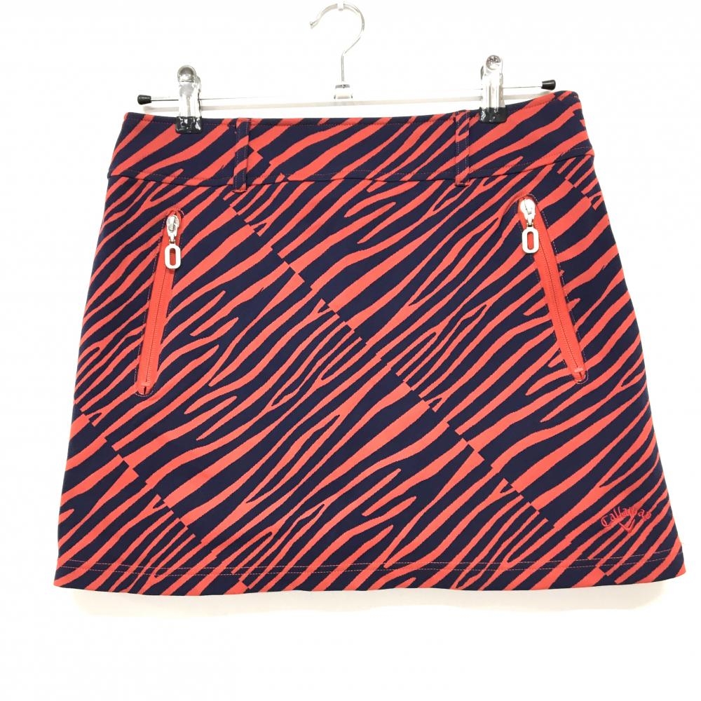 【美品】キャロウェイ スカート ダークネイビー×レッド 総柄 ゼブラ風 内側インナーパンツ レディース L ゴルフウェア Callaway