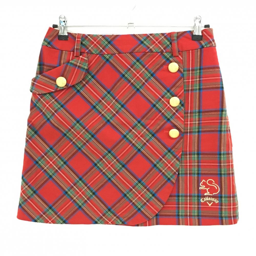 【超美品】キャロウェイ スカート レッド×ブルー チェック柄 裾ロゴ刺しゅう レディース M ゴルフウェア Callaway