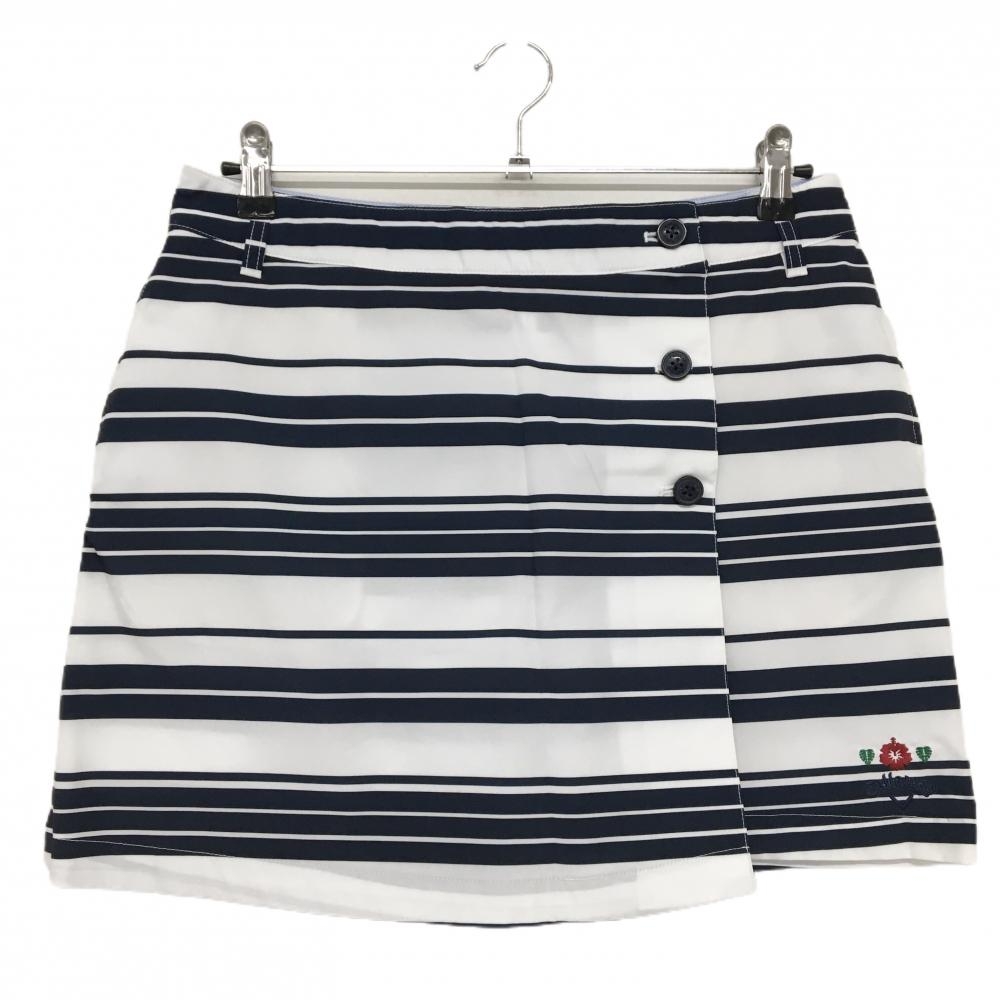 【美品】キャロウェイ キュロットスカート 白×ネイビー ボーダー ハイビスカス刺しゅう レディース L ゴルフウェア Callaway
