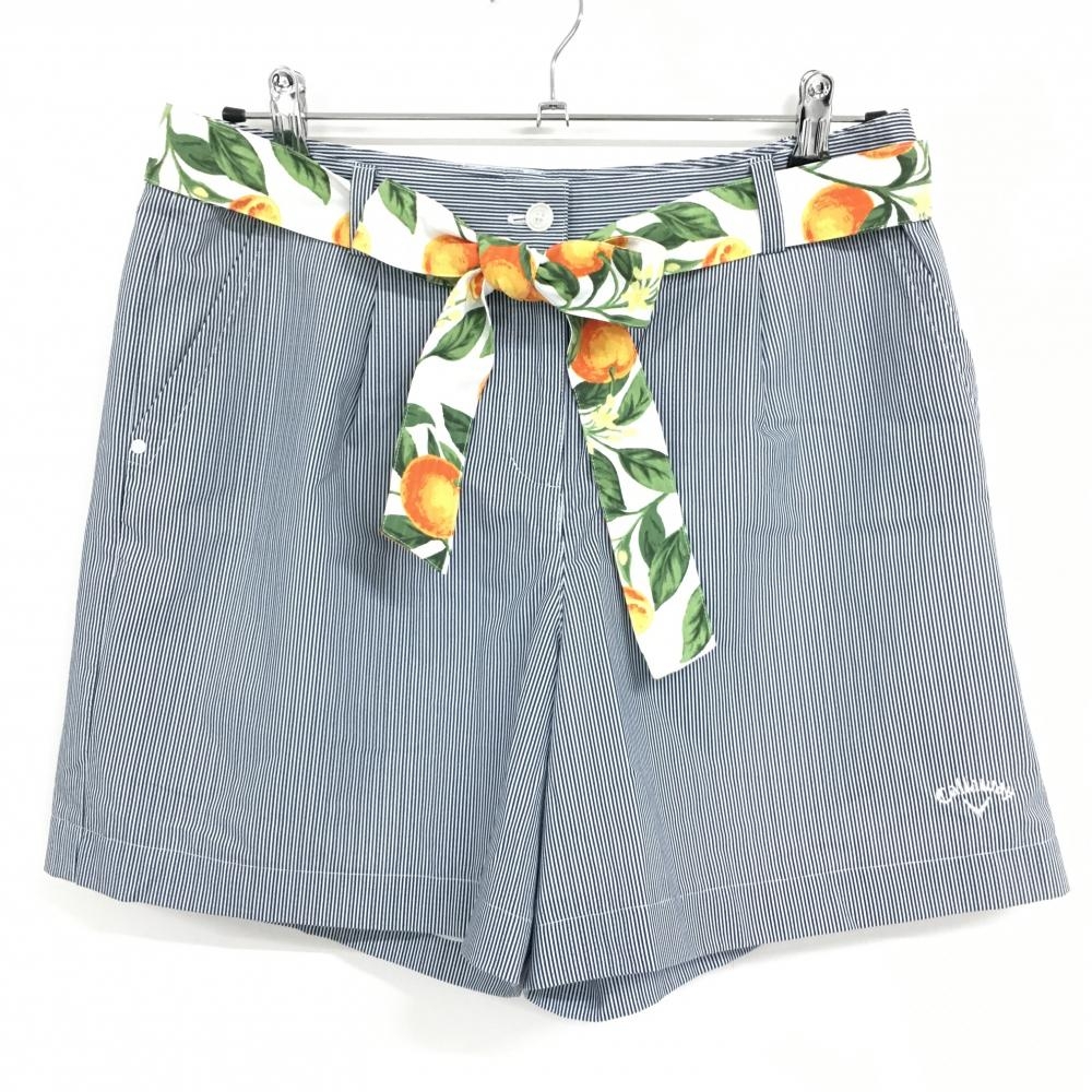 【超美品】キャロウェイ キュロットスカート ネイビー×白 ストライプ柄 ロゴ刺しゅう 布ベルト付 レディース LL ゴルフウェア Callaway