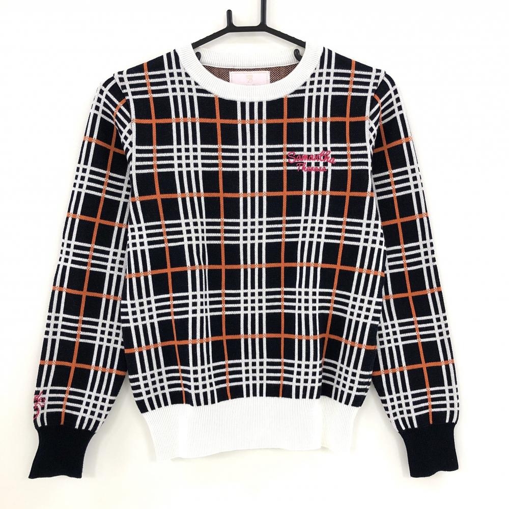 【美品】サマンサタバサUNDER25 セーター ダークネイビー×白×オレンジ チェック ニット レディース M ゴルフウェア Samantha Thavasa