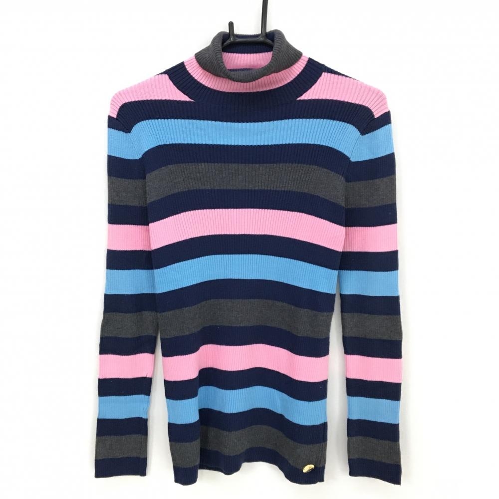 【美品】サマンサタバサNo.7 タートルネックセーター ピンク×ネイビー×グレー ボーダー レディース 40(L) ゴルフウェア Samantha Thavasa