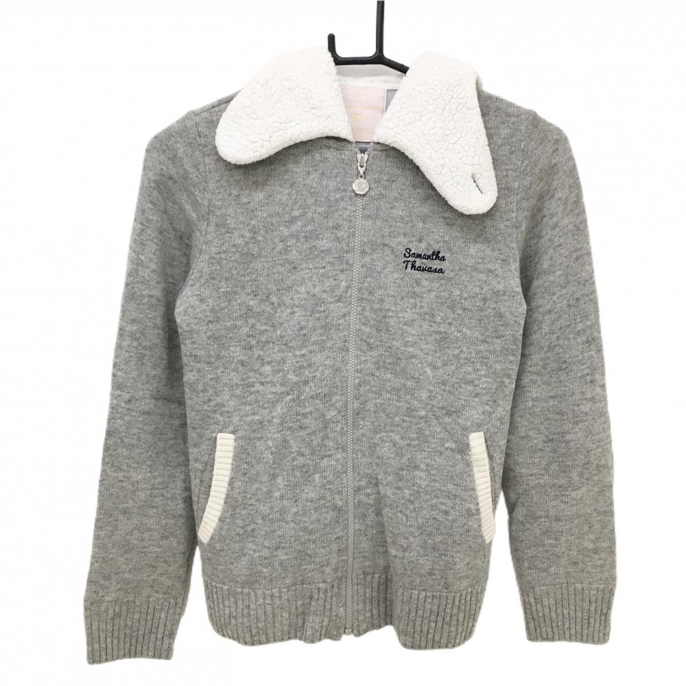 サマンサタバサUNDER25 ニットジップパーカー ライトグレー×白 フード内側ボア レディース M ゴルフウェア Samantha Thavasa