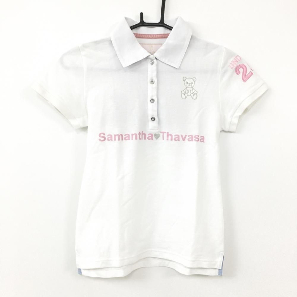 【美品】サマンサタバサ UNDER25 半袖ポロシャツ 白×ピンク 襟裏ドット柄 後ろベア刺しゅう レディース  ゴルフウェア Samantha Thavasa