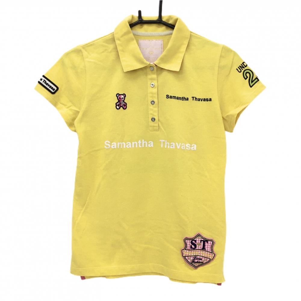 【美品】サマンサタバサUNDER25 半袖ポロシャツ イエロー 襟裏ギンガムチェック ベア レディース PRO ゴルフウェア Samantha Thavasa