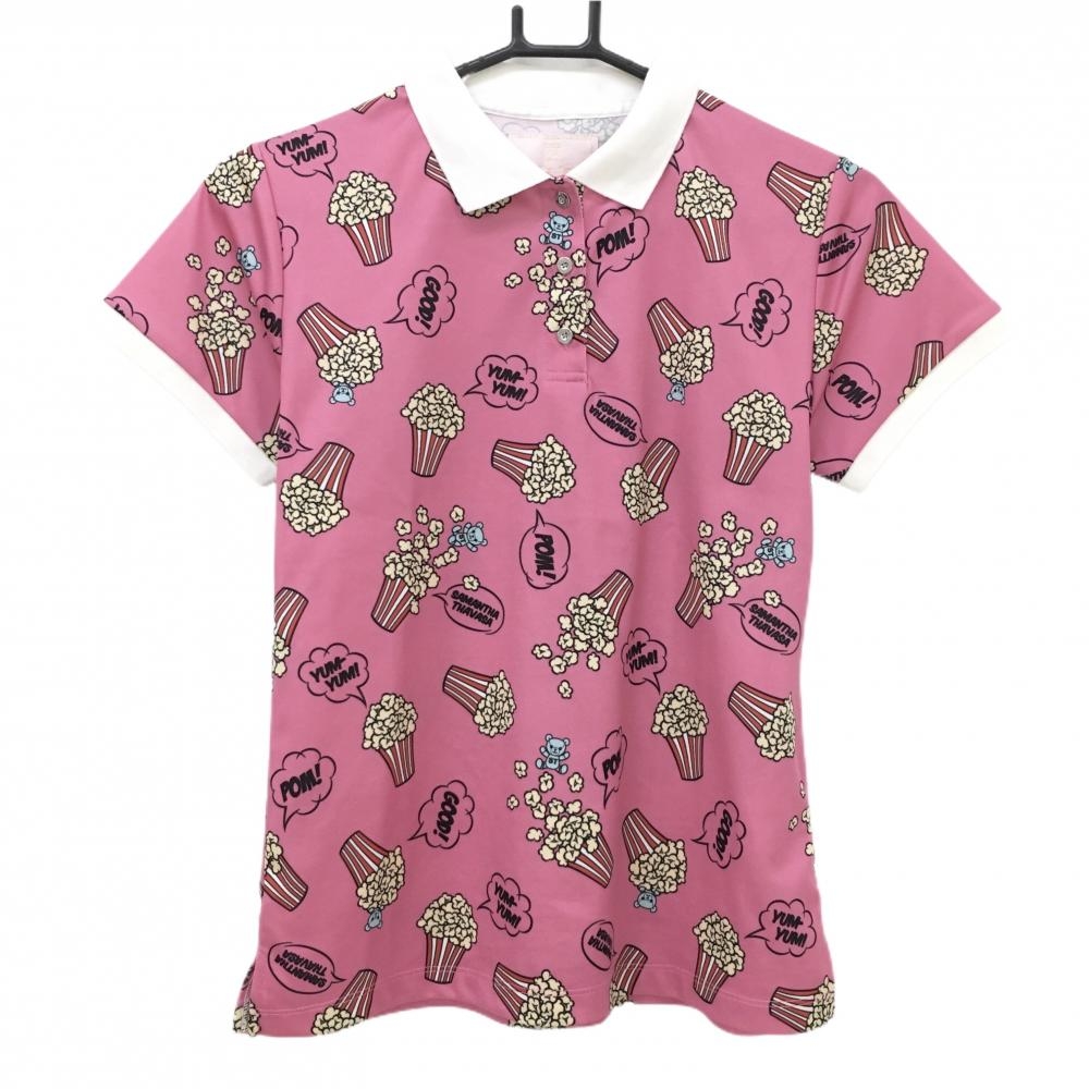 サマンサタバサUNDER25 半袖ポロシャツ ピンク×レッド ポップコーン柄 クマ  レディース M ゴルフウェア Samantha Thavasa