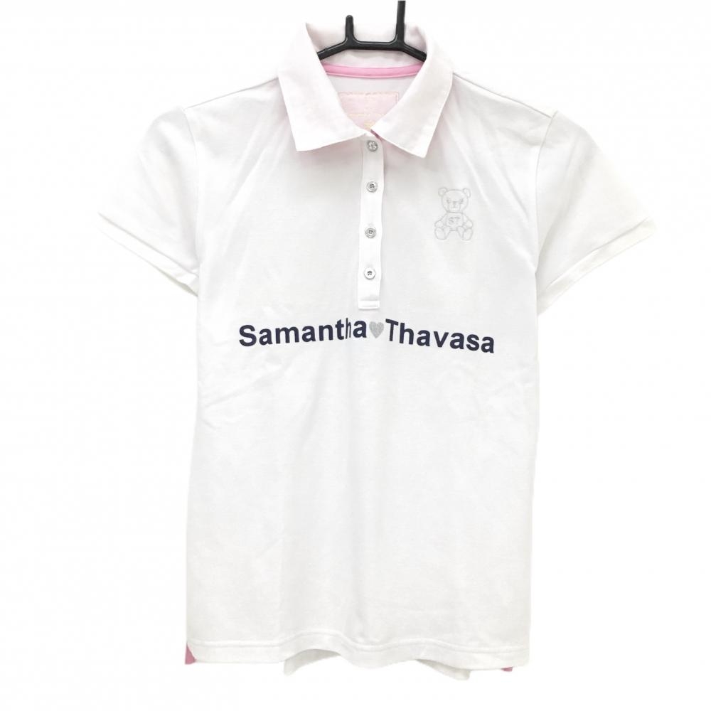 【美品】サマンサタバサUNDER25 半袖ポロシャツ 白 ロゴネイビー  レディース M ゴルフウェア Samantha Thavasa