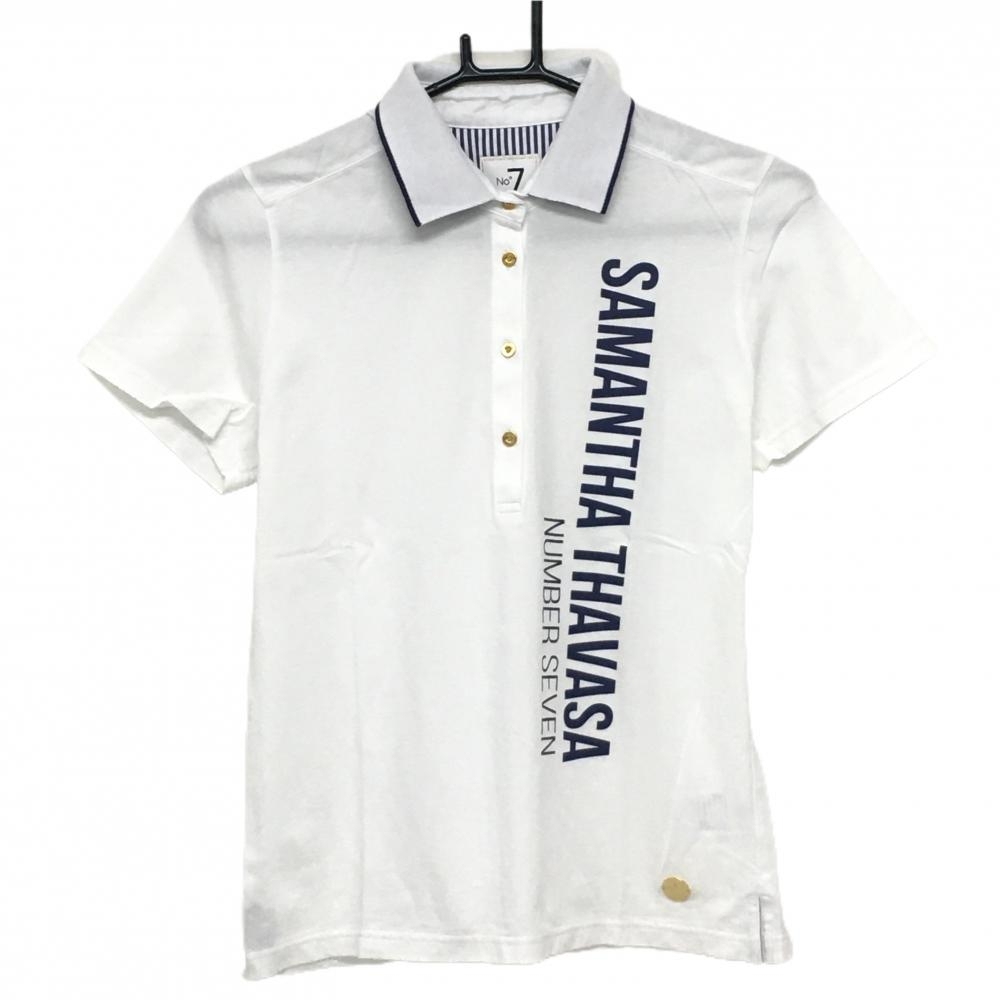【超美品】サマンサタバサ№7 半袖ポロシャツ 白×ネイビー ロゴプリント  レディース 40(L) ゴルフウェア Samantha Thavasa
