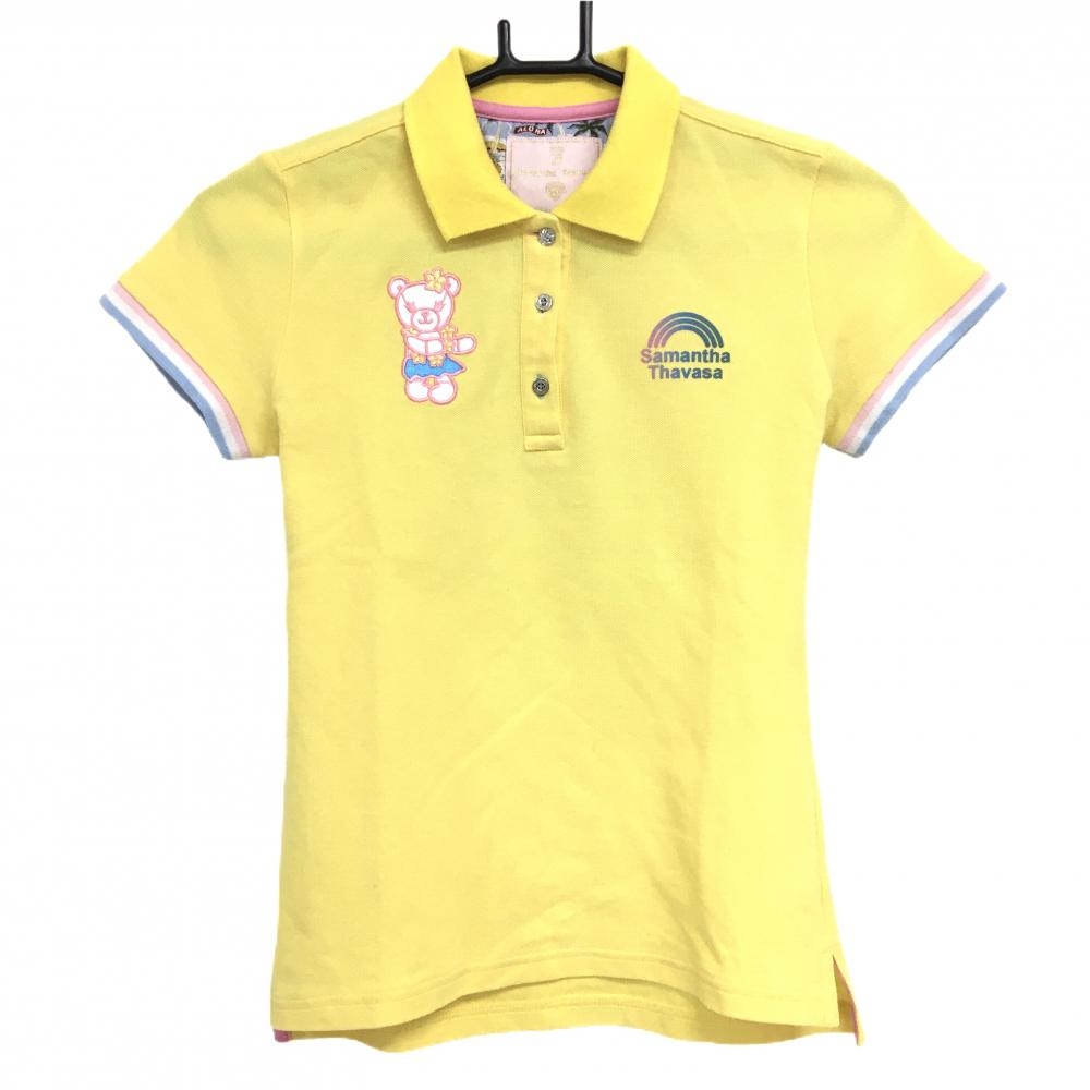 サマンサタバサUNDER25 半袖ポロシャツ イエロー×ピンク 胸元ロゴ  レディース M ゴルフウェア Samantha Thavasa