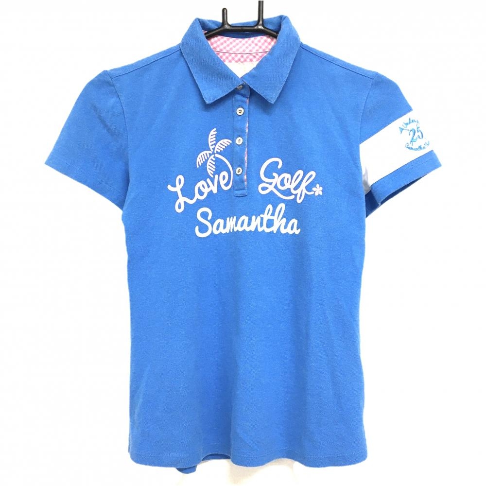 サマンサタバサUNDER25 半袖ポロシャツ ライトブルー×白 袖刺しゅう レディース M ゴルフウェア Samantha Thavasa