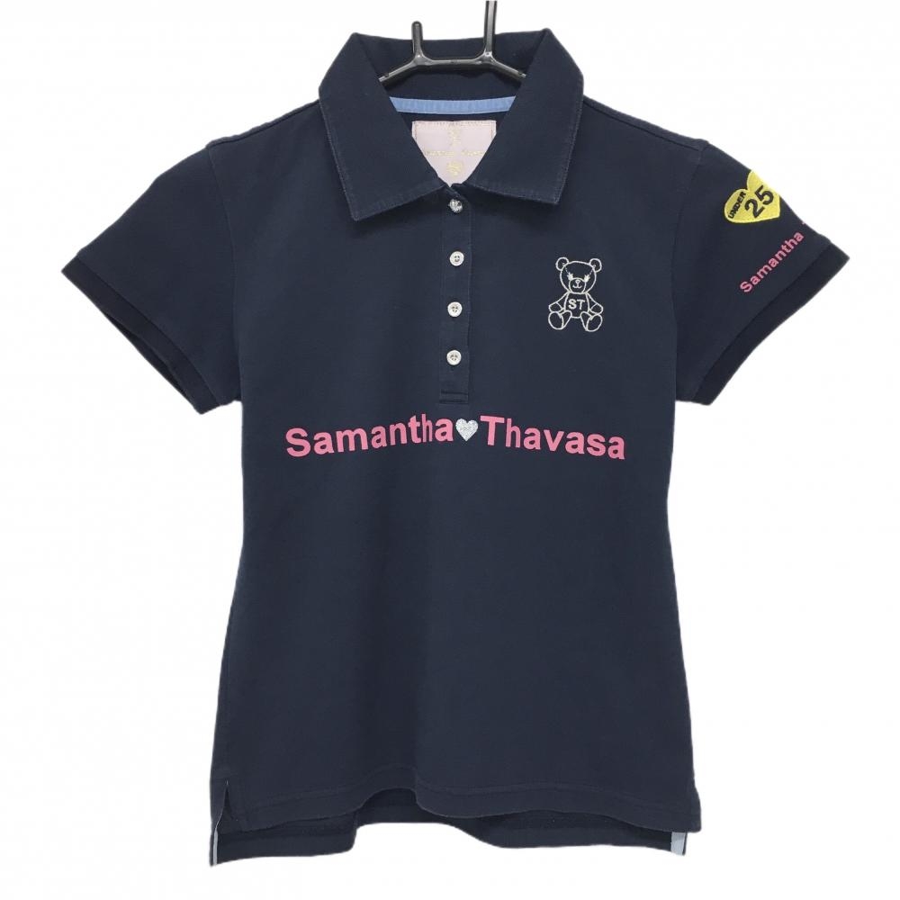 サマンサタバサUNDER25 半袖ポロシャツ ネイビー ベアラメ刺しゅう バックプリント  レディース S ゴルフウェア Samantha Thavasa