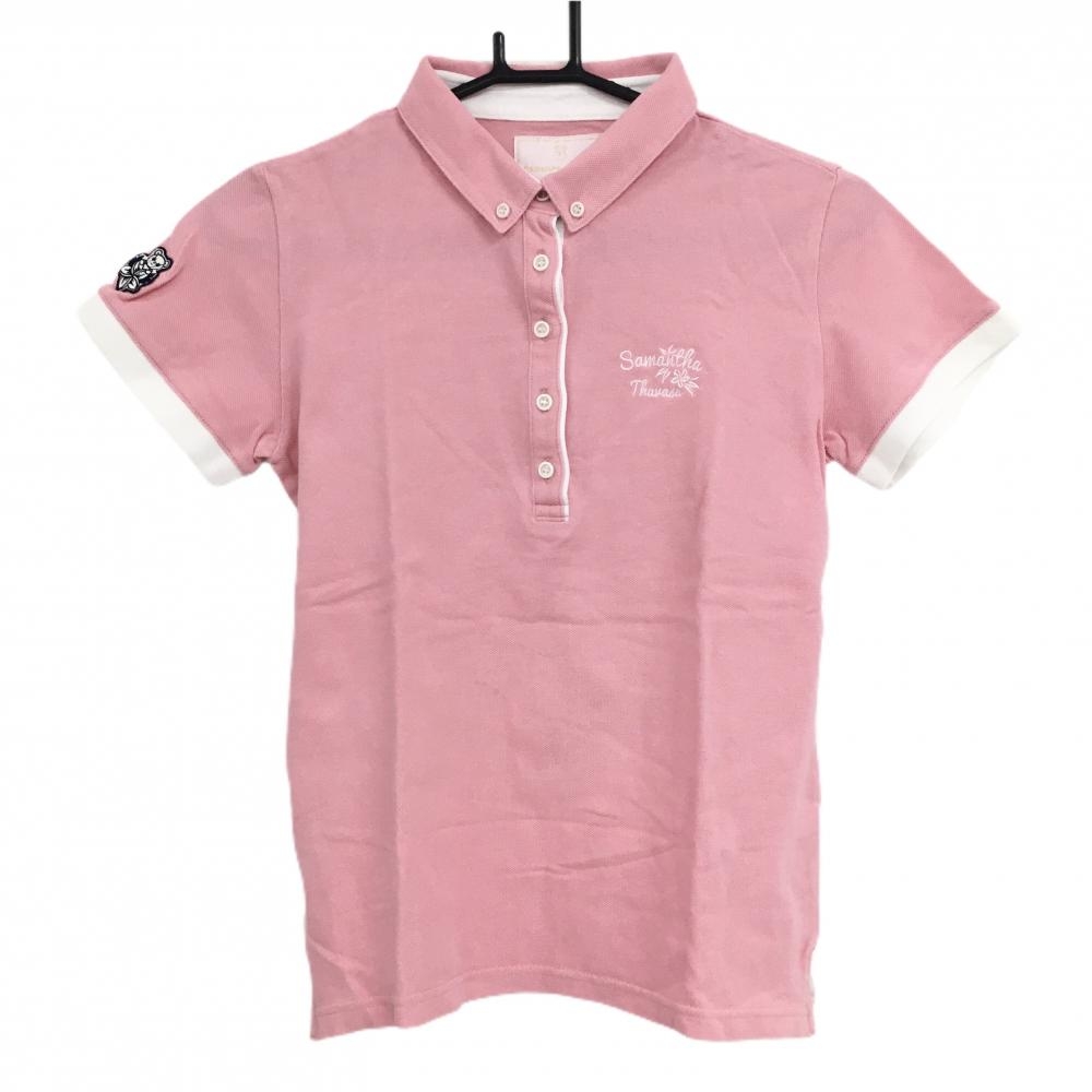 【美品】サマンサタバサUNDER25 半袖ポロシャツ ピンク×白 背面プリント ベアワッペン レディース M ゴルフウェア Samantha Thavasa