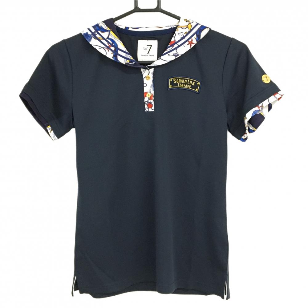 【新品】サマンサタバサNo.7 半袖ポロシャツ ネイビー×白 セーラー襟 襟マリン柄  レディース 40(L) ゴルフウェア Samantha Thavasa