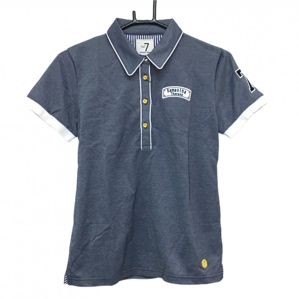【新品】サマンサタバサNo.7 半袖ポロシャツ 杢ネイビー×白 パイピングライン  レディース 40(L) ゴルフウェア Samantha Thavasa