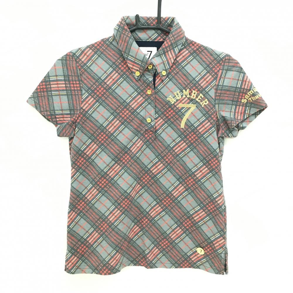 【美品】サマンサタバサNo.7 半袖ポロシャツ グレー×レッド 斜めチェック柄 レディース 38(M) ゴルフウェア Samantha Thavasa