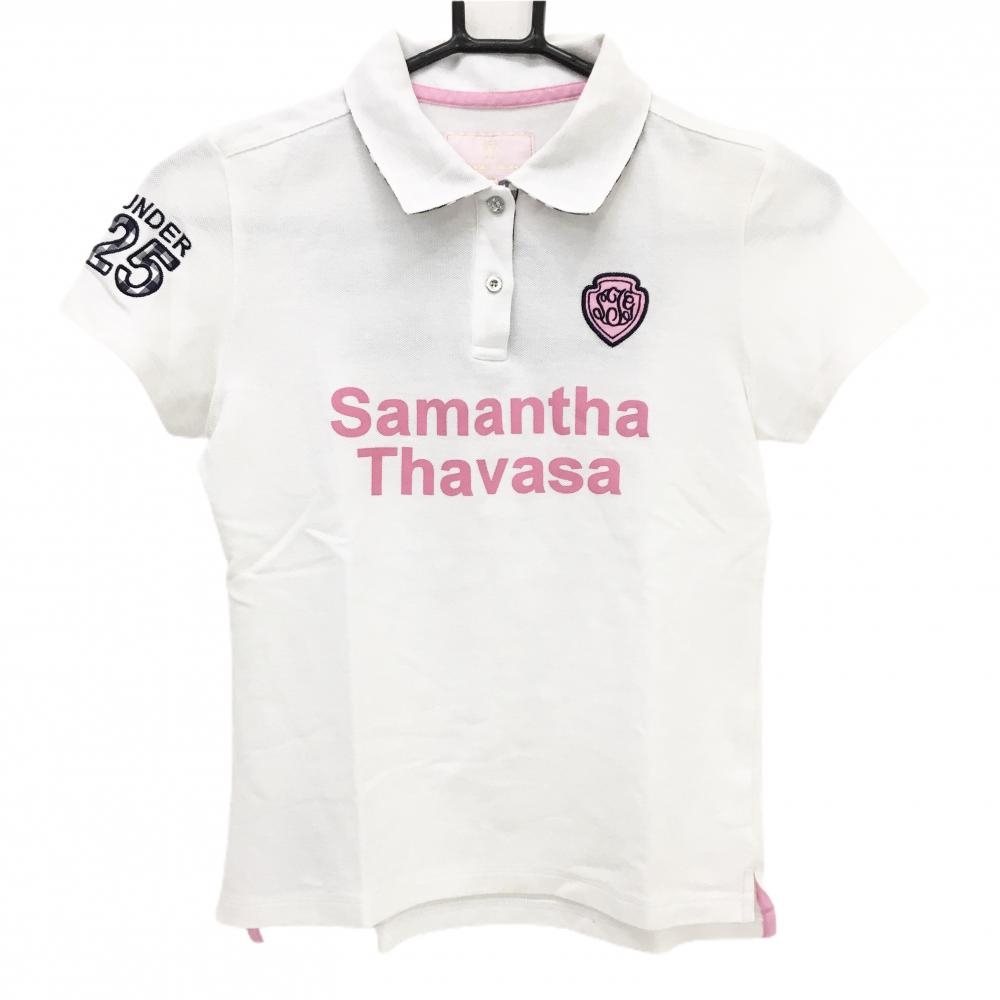 サマンサタバサUNDER25 半袖ポロシャツ 白×ピンクネイビー フロントロゴプリント レディース M ゴルフウェア Samantha Thavasa