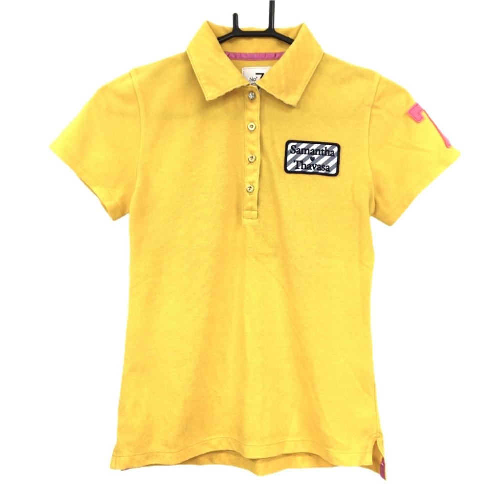 【美品】サマンサタバサNo.7 半袖ポロシャツ オレンジイエロー系 襟裏斜めストライプ レディース 38(M) ゴルフウェア Samantha Thavasa