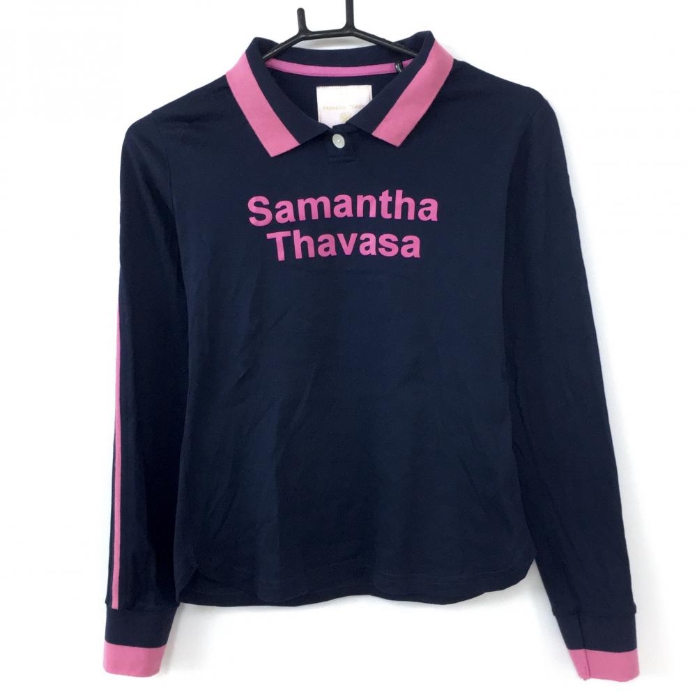 【美品】Samantha Thavasa サマンサタバサ UNDER25 長袖ポロシャツ ネイビー×ピンク コットン100％ 袖ライン レディース S ゴルフウェア