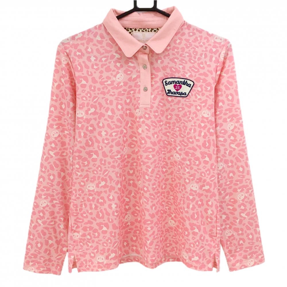 サマンサタバサUNDER25 長袖ポロシャツ ライトピンク×ピンク レオパード柄 クマ  レディース M ゴルフウェア Samantha Thavasa
