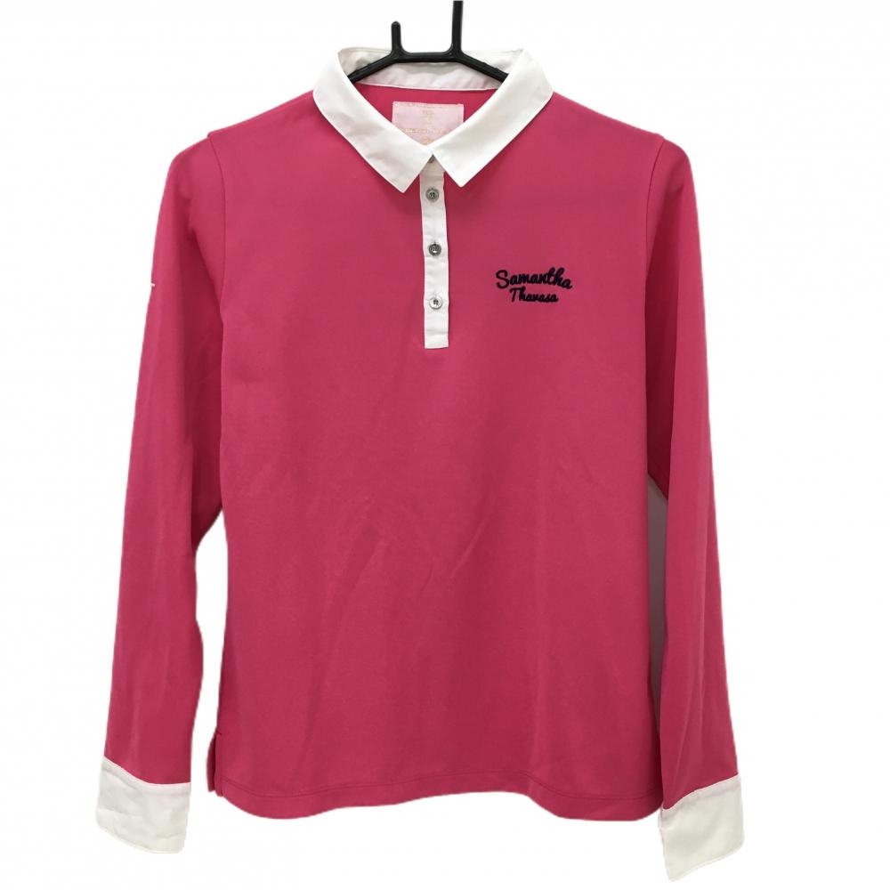 サマンサタバサUNDER25 長袖ポロシャツ ピンク×白 ロゴネイビー レディース M ゴルフウェア Samantha Thavasa