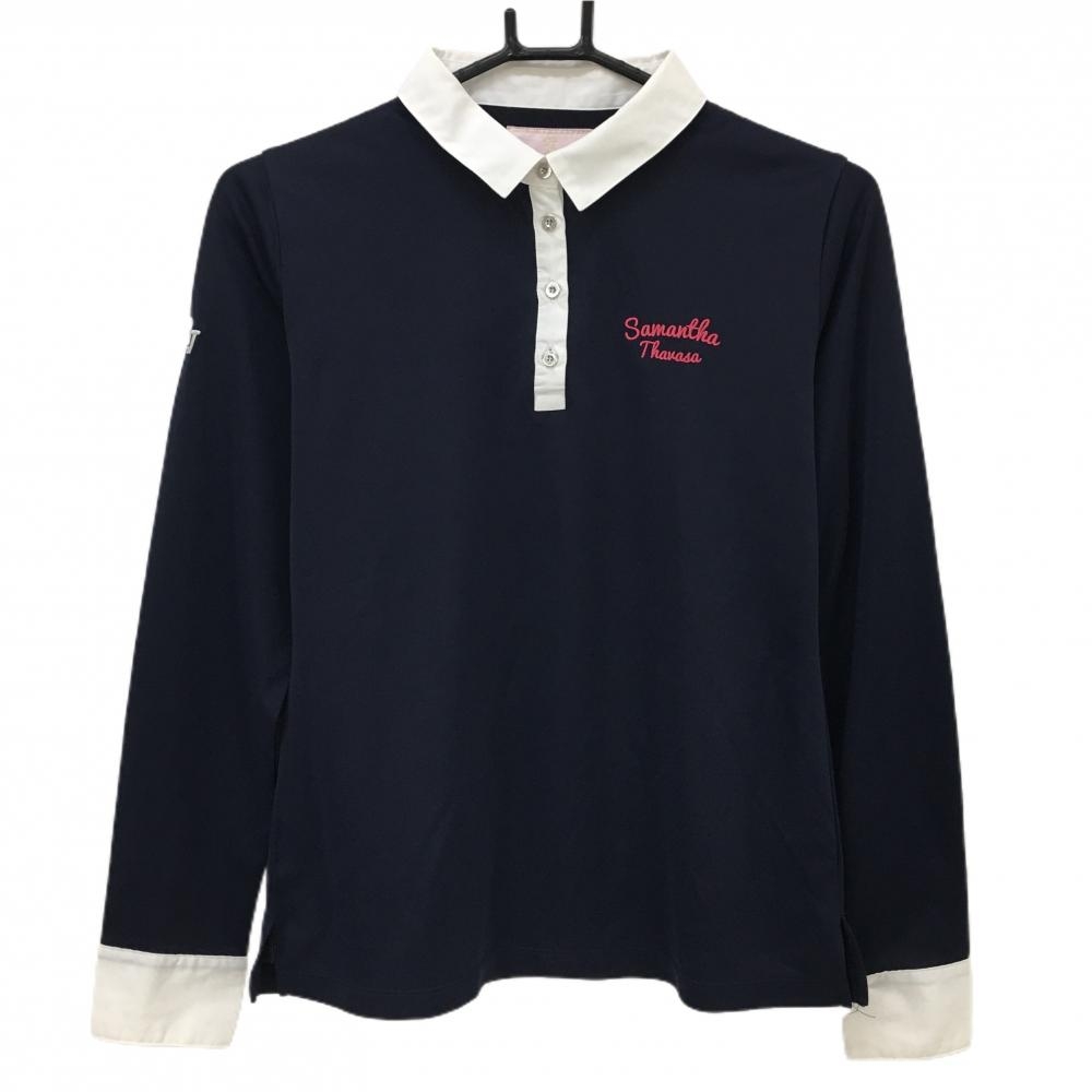 サマンサタバサUNDER25 長袖ポロシャツ ネイビー×白 ロゴピンク レディース M ゴルフウェア Samantha Thavasa