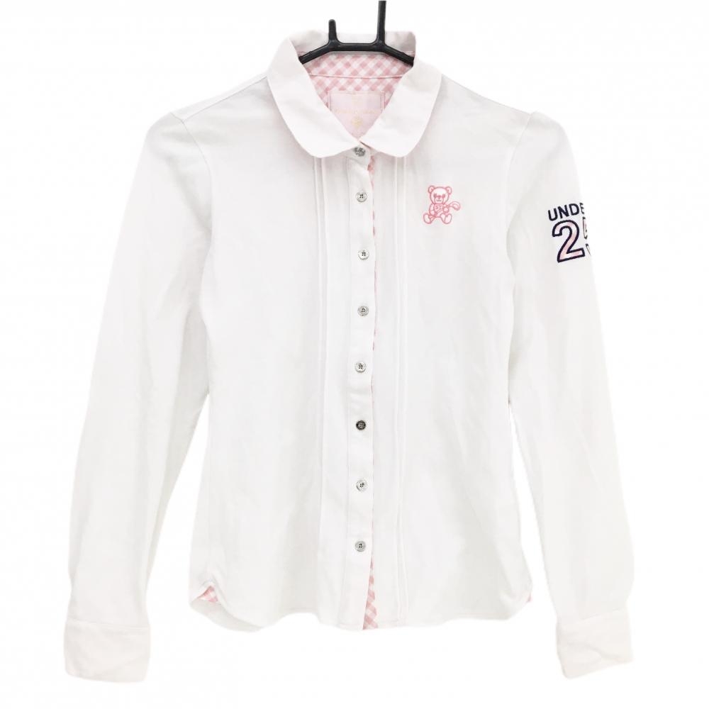 【美品】サマンサタバサUNDER25 長袖シャツ 白×ピンク ベア刺しゅう レディース M ゴルフウェア Samantha Thavasa