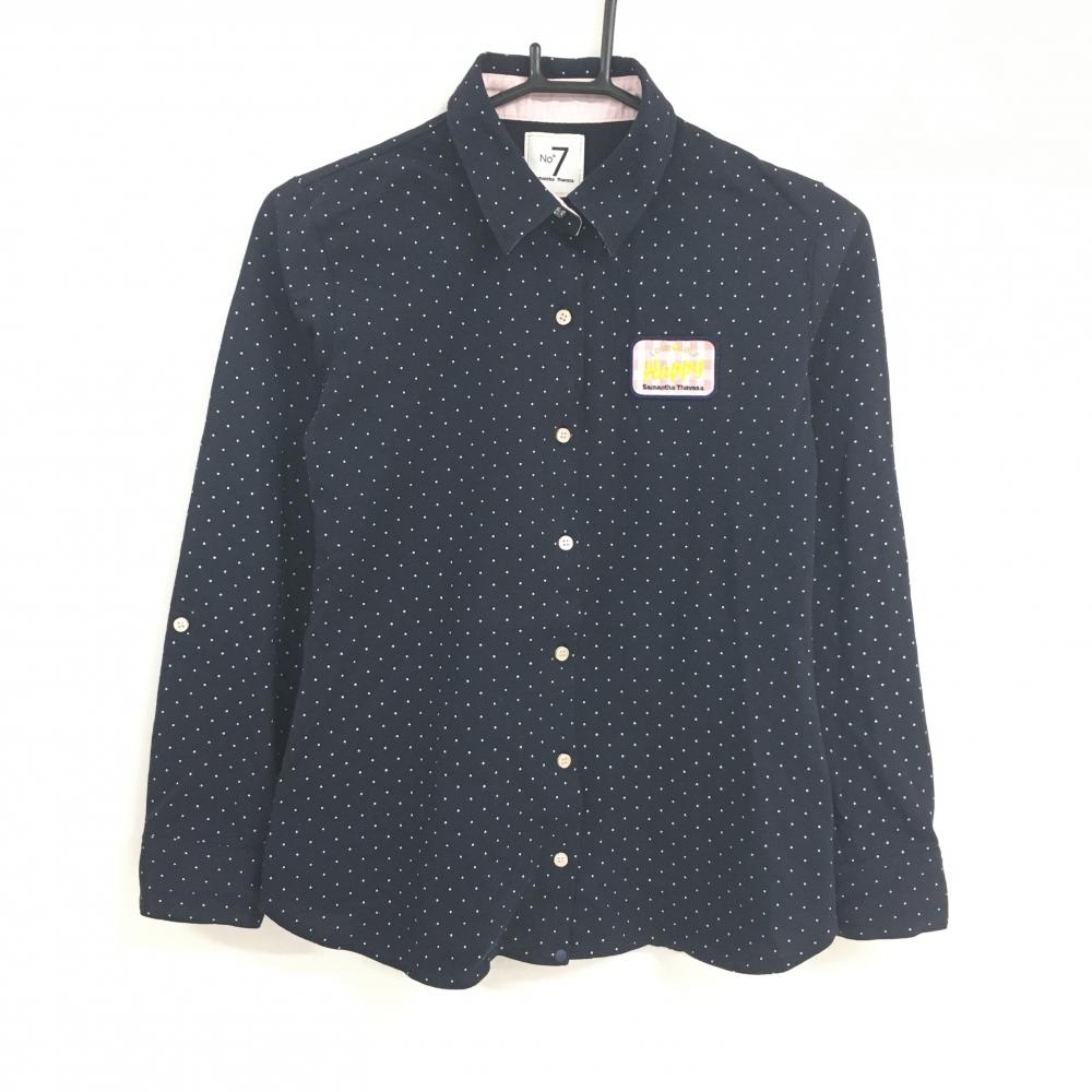 【美品】サマンサタバサNo.7 長袖シャツ ネイビー×白 ドット柄 ロゴワッペン  レディース 38(M) ゴルフウェア Samantha Thavasa