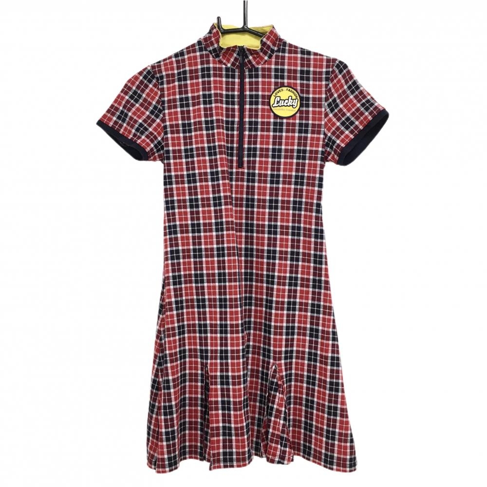 【美品】サマンサタバサNo.7 半袖ハイネックワンピース レッド×ネイビー チェック柄 レディース 38(M) ゴルフウェア Samantha Thavasa